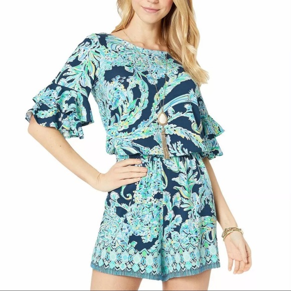 LILLY PULITZER Lula Romper High Tide Navy Scuba Doo Engineered Shorts Romper - Picture 13 of 13
